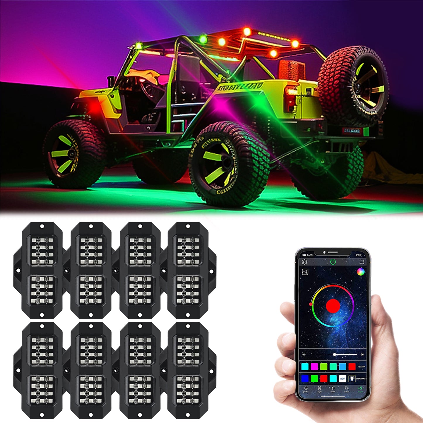 Kit de Luzes MONDEVIEW RGB para Baixo do Veículo | 8 Módulos de Luzes LED Inteligentes | Controlo por Aplicação | 16 Milhões de Cores | Impermeabilidade IP67 | Sincronização com Música | Solução Premium de Iluminação Automóvel