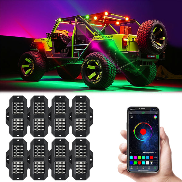 MONDEVIEW RGB Underglow Car Lights Kit | 8 Pods Smart LED Rock Lights | App Control | 16 Million Colors | IP67 Waterproof | Music Sync | Premium Vehicle Lighting Solution