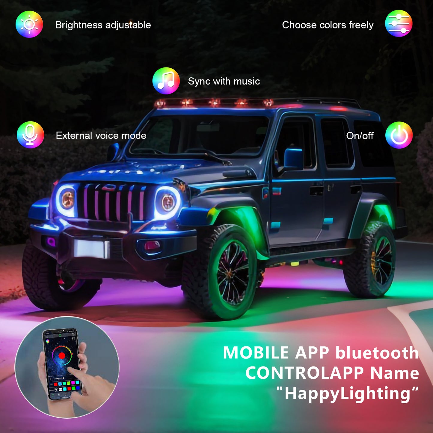 Kit de Luzes MONDEVIEW RGB para Baixo do Veículo | 8 Módulos de Luzes LED Inteligentes | Controlo por Aplicação | 16 Milhões de Cores | Impermeabilidade IP67 | Sincronização com Música | Solução Premium de Iluminação Automóvel