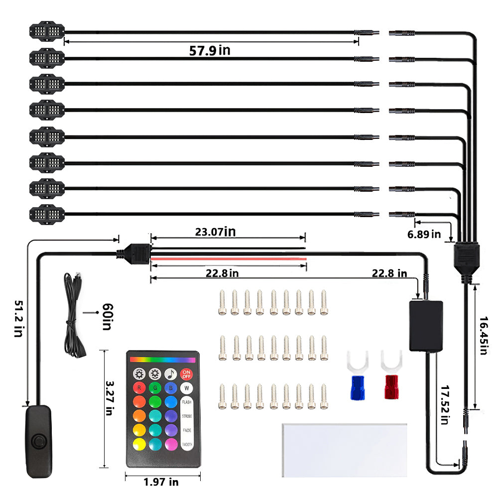 Kit de Luzes MONDEVIEW RGB para Baixo do Veículo | 8 Módulos de Luzes LED Inteligentes | Controlo por Aplicação | 16 Milhões de Cores | Impermeabilidade IP67 | Sincronização com Música | Solução Premium de Iluminação Automóvel